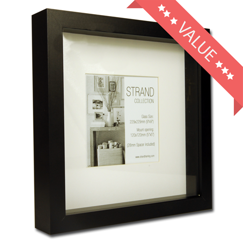 Strand Collection - Rib BLACK MDF Frame -  Frame Size 229 x 229mm (9 x 9 inches)  - Mount Ope 120 x 120mm- Glass - BOX OF 18
