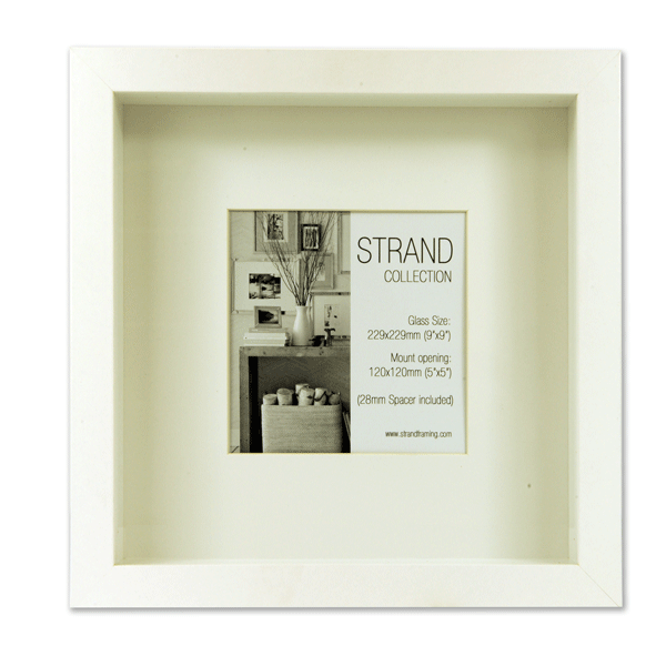 Strand Collection - Rib White MDF Frame -  Frame Size 229 x 229mm (9 x 9 inches)  - Mount Ope 120 x 120mm- (1mm perspex glazing) - BOX OF 18